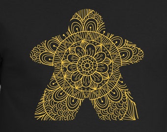 Yellow Mandala Meeple Unisex T-shirts | unisex shirts for board gamers and tabletop gamer geeks | mandalas game night shirts and gift ideas