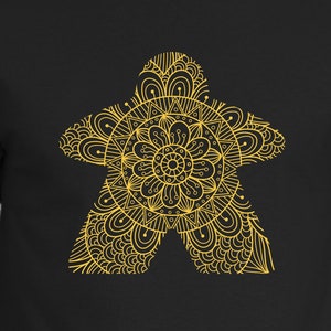 Yellow Mandala Meeple Unisex T-shirts | unisex shirts for board gamers and tabletop gamer geeks | mandalas game night shirts and gift ideas