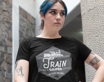 Train Games Ladies T-shirts | boardgame geeky shirts for ladies, girl geek, women tabletop board game gamers | 18XX crayon rail games trains