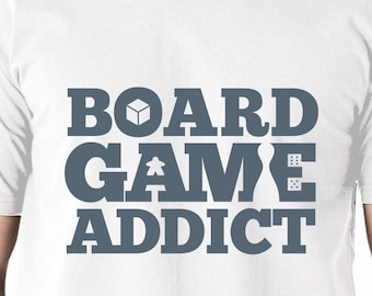 Board Game Addict Men's/Unisex T-shirt | White Tshirts for Board Game Geeks and Tabletop Gamers | Meeple & Board Game Shirts for Game Geeks