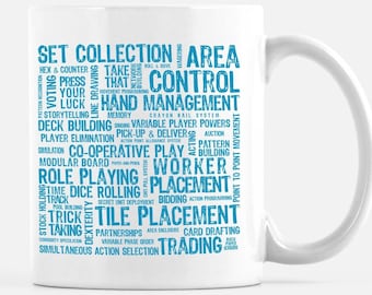 Board Game Mechanics Mug | Coffee mug for board game geeks | geeky gift for board gamers | 11oz mugs for coffee, tea & warm beverages