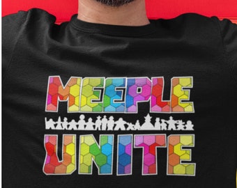 Rainbow Hexes MEEPLE UNITE Mens/Unisex T-shirt | shirts for board game geeks, strategy gamers, rainbow hex meeples unity geeky gamer