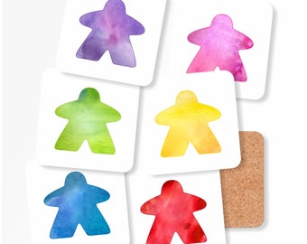 Watercolour Meeple Drink Coasters - Available in a Set of 4 or a Set of 6 Coasters | watercolor meeples coaster for board game room drinks
