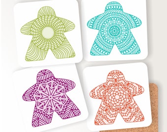 Meeples of Harmony: Mandala Meeple Edition Drink Coasters - Available in a Set of 4 or a Set of 6 Coasters | meeples coaster board game room