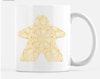 Yellow Mandala Meeple Coffee Mugs | 11oz and 15oz mugs for board gamers | meeples hot beverage mug | coffee, tea, cup | gift for boardgamers