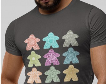 Meeples of Harmony: Mandala Meeple Edition Men's / Unisex T-shirts | mandalas meeples shirts for board game geeks tabletop game night shirts