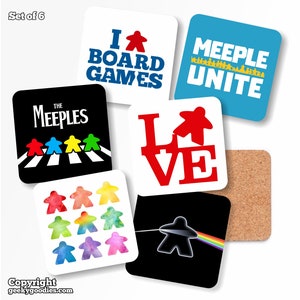 Meeple Designs Drink Coasters - Available in a Set of 4 or a Set of 6 Coasters | meeples coaster for board game room night hot cold drinks