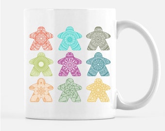 Meeples of Harmony: Mandala Meeple Edition Coffee Mugs | 11oz and 15oz coffee mugs for board gamers | meeples mug | coffee, tea, cup gift