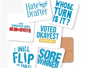 Types of Board Gamers Drink Coasters - Available in a Set of 4 or a Set of 6 Coasters | board game coaster for game room decor drinks gifts
