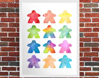 The Watercolor Meeple Poster - 12 Meeple Version | Tabletop and Strategy Gaming Art & Decor for your Game Room | posters meeples prints art