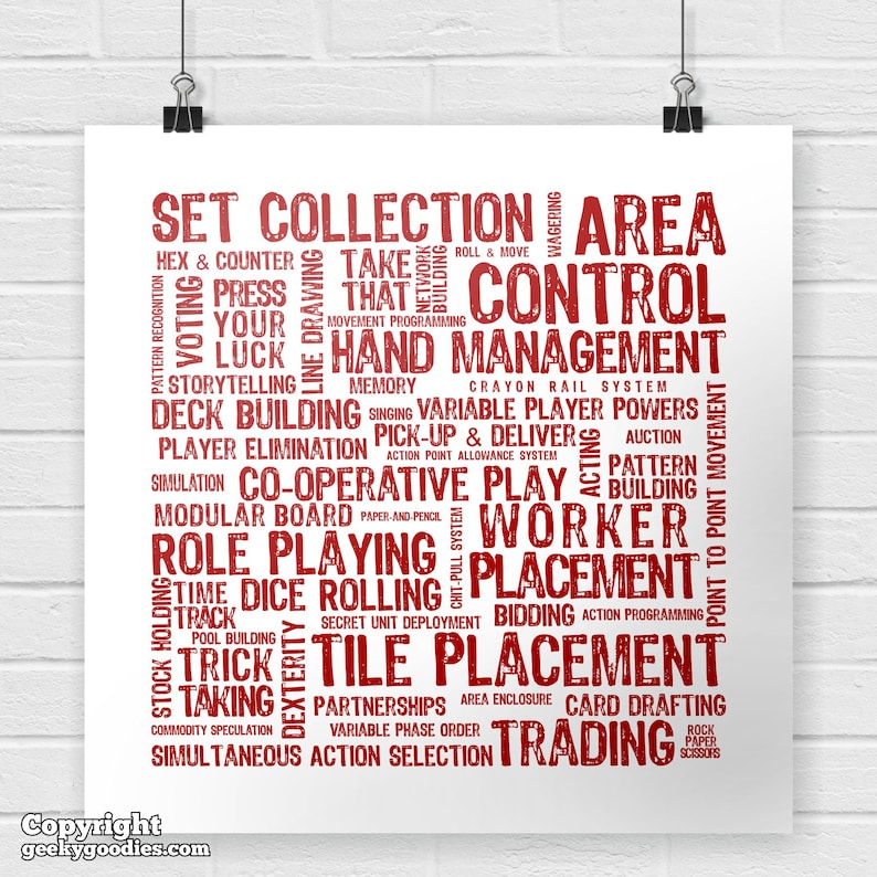 Board Game Mechanics Poster Tabletop and Strategy Gaming Art & Decor Boardgaming Art for BoardGame Geeks Game Room Posters and Prints White (red print)