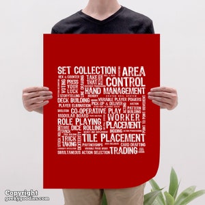 Board Game Mechanics Poster Tabletop and Strategy Gaming Art & Decor Boardgaming Art for BoardGame Geeks Game Room Posters and Prints Red (white print)