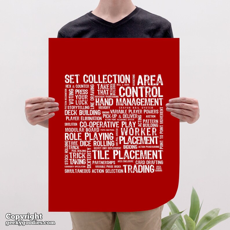 Board Game Mechanics Poster Tabletop and Strategy Gaming Art & Decor Boardgaming Art for BoardGame Geeks Game Room Posters and Prints Red (white print)