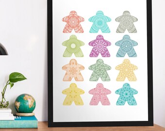 Meeples of Harmony: 12 Mandala Meeple Edition Game Room Posters | meeples gaming art & decor for your boardgamer game rooms poster prints