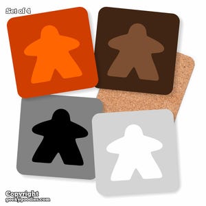 Meeple Drink Coasters - A Set of 4 More Colours | meeples coaster for boardgame room night hot cold orange brown black white drinks coaster