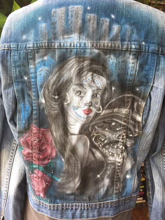Denim shirt duster with painted angel