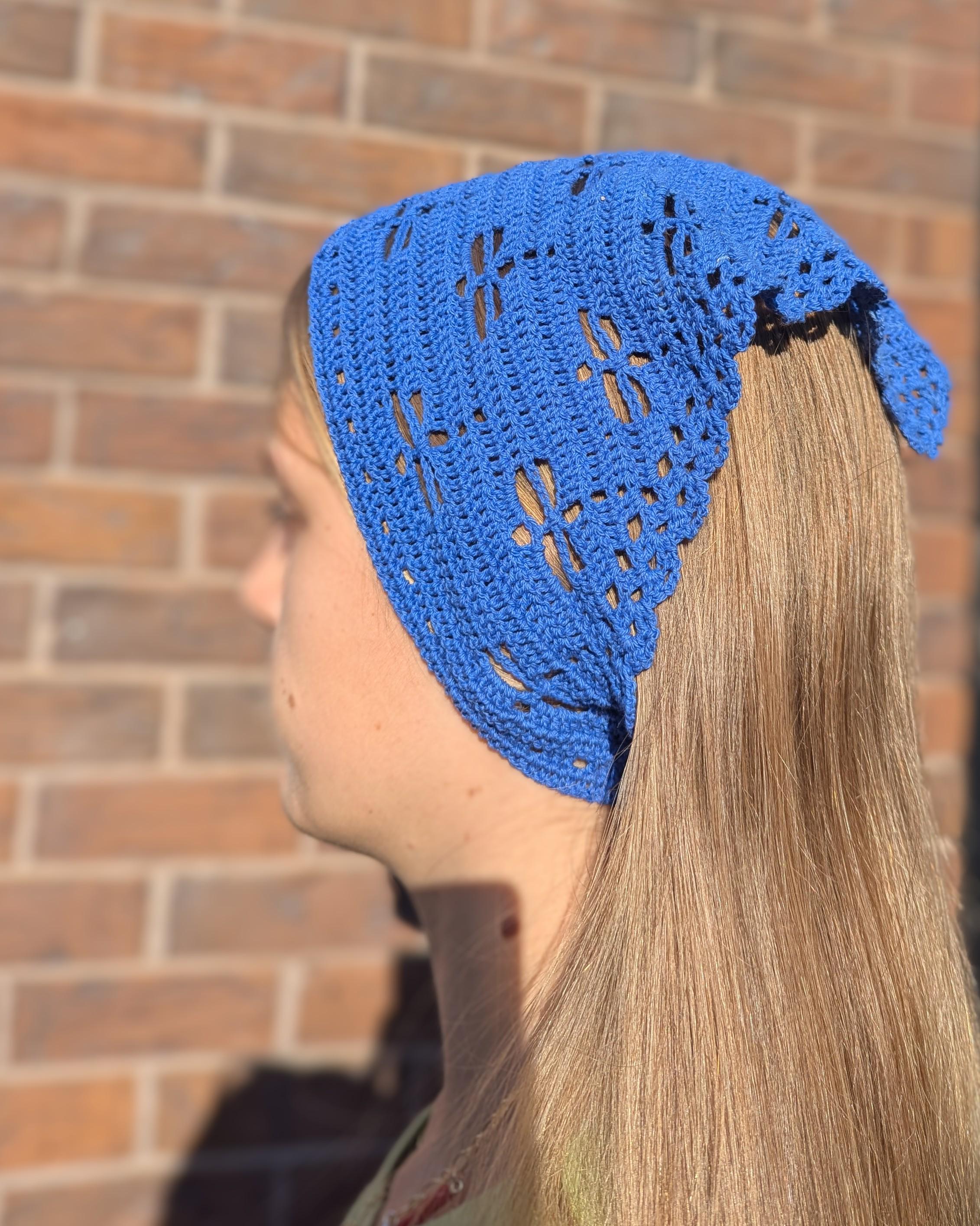 Handmade Crochet Bandana – Blue Dragonfly Head Scarf 