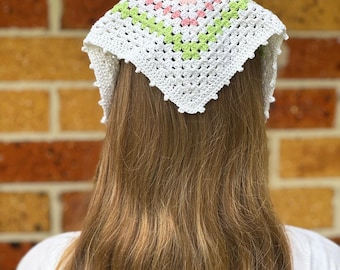 Hand-Crocheted Cotton Bandana – Pastel Boho Triangle Headscarf