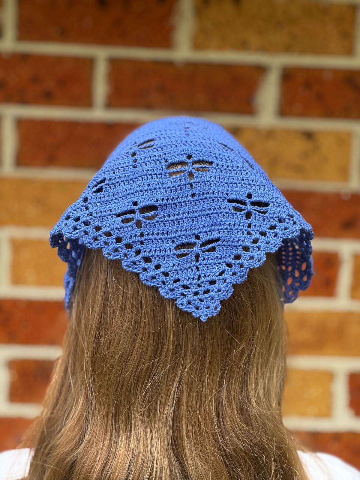 Handmade Crochet Bandana – Blue Dragonfly Head Scarf 