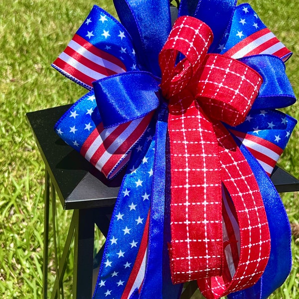 Patriotic Bow, Summertime Wreath Lantern Bow, American Flag Bow, 4th of July Decor, Lantern Swag