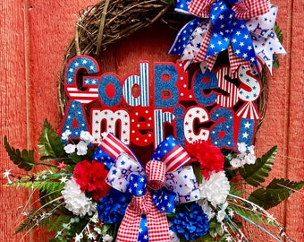 Patriotic Front Door Wreath for 4th of July, Summer and Spring Patriotic Wreath, Americana Wreath for Holidays - 4th of July, Red White Blue