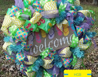 Welcome Spring Summer Wreath, Front Door Wreath, Spring Wreath, Summer Wreath, Flip Flop Wreath, Beach Wreath