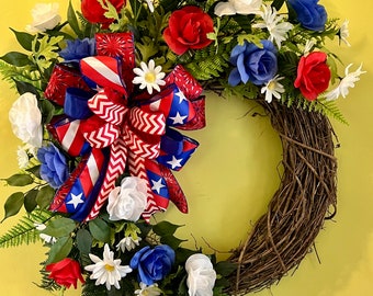 Patriotic Summer Wreath, Front door wreath, 4th of July Grapevine Wreath, Patriotic 4th of July Wreath, Independence Day, Americana Decor