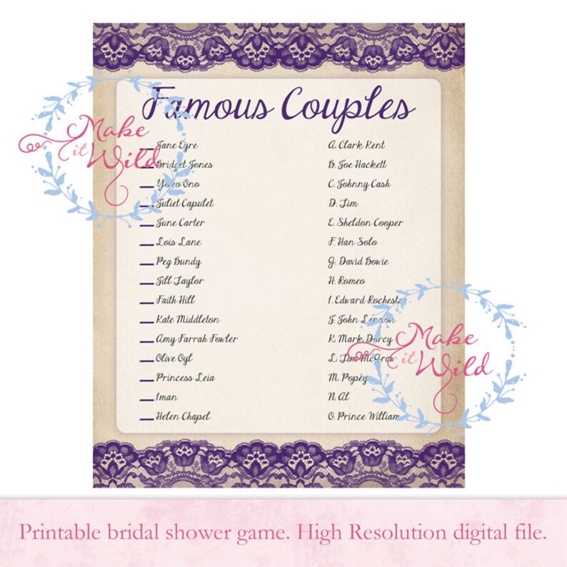 Printable Bridal Shower Game, Famous Couples, Bridal Game, Bridesmaids ...