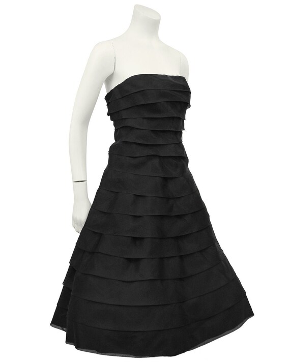 1980s Victor Costa Black Tiered Chiffon Strapless