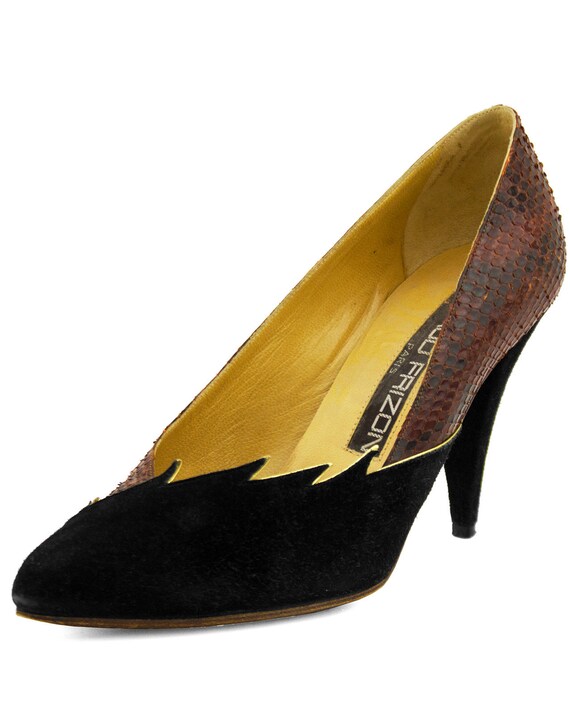 1980s Maud Frizon Black Suede and Skin Pumps