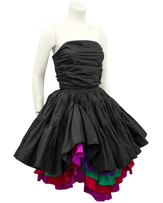 1980s Black Taffeta Bustier, Skirt and Floral Jack
