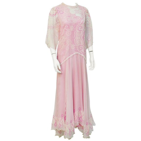 1980s Zandra Rhodes Detailed Chiffon Pink and Crea