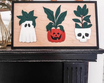 Hand Carved Halloween Plant Sign | Boho Halloween Decor | Shelf Fall Decor | Laser Engraved | Handmade | Plant Lover