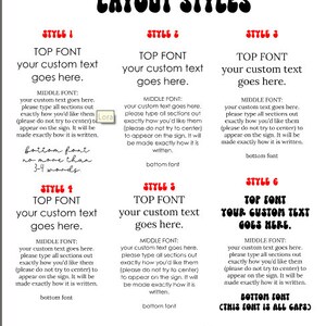 May include: A white graphic with the words "LAYOUT STYLES" in black and red. The graphic displays six different text layout styles, each with placeholders for custom text in various fonts. Includes an option to add a paw print.