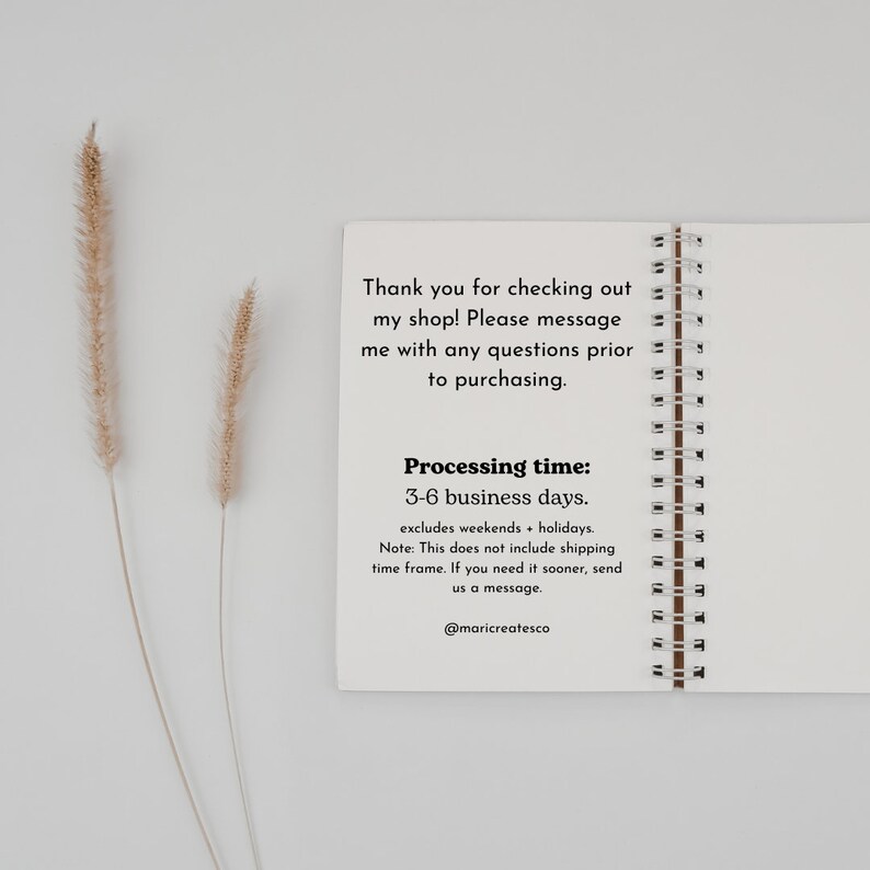 May include: A spiral-bound notebook with text that reads "Thank you for checking out my shop! Please message me with any questions prior to purchasing." The text also includes processing time information and the shop's social media handle.