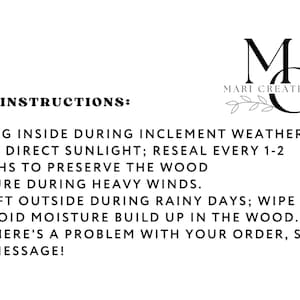 May include: White background with black text providing care instructions for a product. The instructions include bringing the item inside during inclement weather, resealing every 1-2 months, securing during heavy winds, and wiping dry if left outside during rainy days.