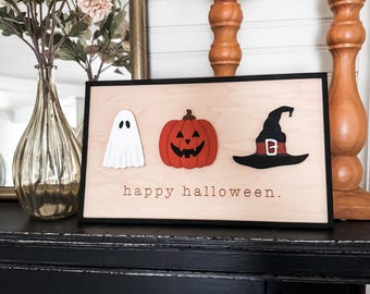 Hand Carved Happy Halloween Sign | Boho Halloween Decor | Shelf Fall Decor | Laser Engraved | Handmade |