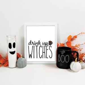 Farmhouse Halloween Wall Decor, Drink Up Witches Rae Dunn Halloween Printable, Halloween Coffee Bar Printable Home Decor