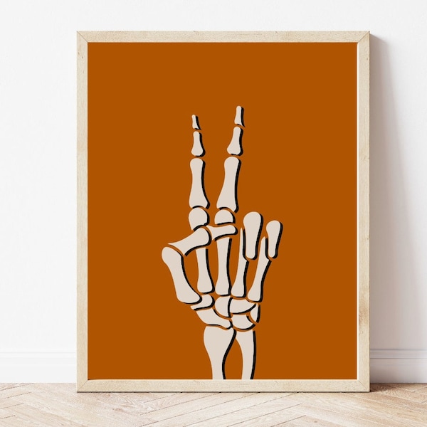 Printable Minimal Halloween Peace Sign Skeleton Hand Wall Art Print, Burnt Orange Skeleton Hand Peace Sign 11x14 and 16x20