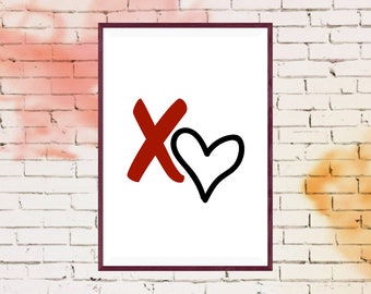 XO Heart Art, Valentine's Day Home Decor Instant Download, Wedding art, 8x10 Printable Wall Art, Red Black XO heart print, Playroom XO Sign