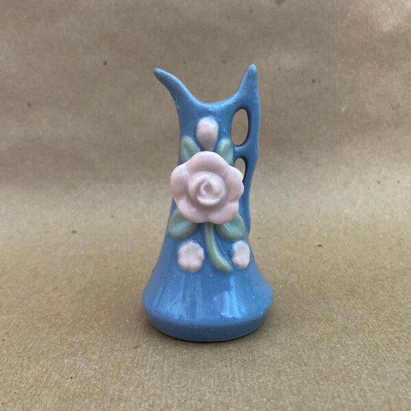 1940s Occupied Japan mini blue bud vase with pink flowers