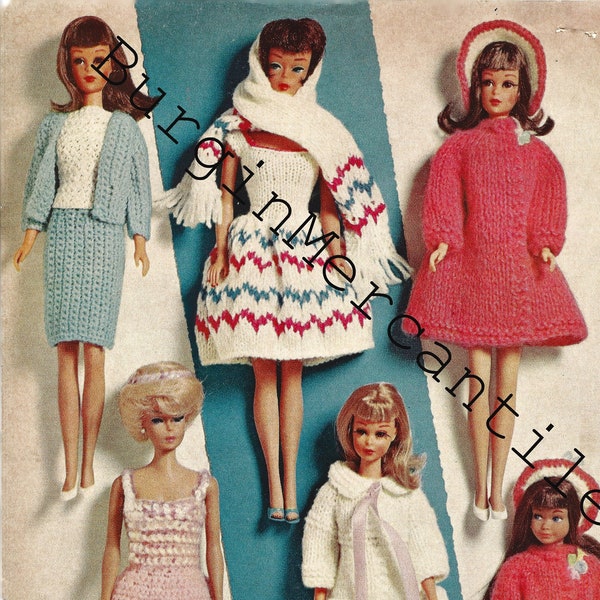 Vintage pattern - 1960s set of 6 Barbie outfit crochet and knitting patterns PDF digital download