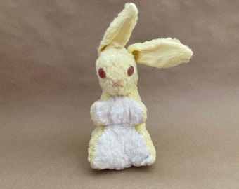 Mid-century yellow bunny rabbit plush with pink googly eyes