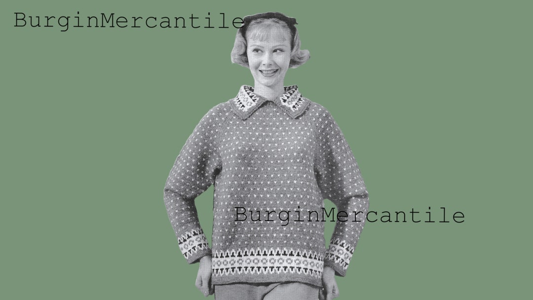 1950s Norwegian Style Colorwork Knitted Sweater With Oversized Collar ...