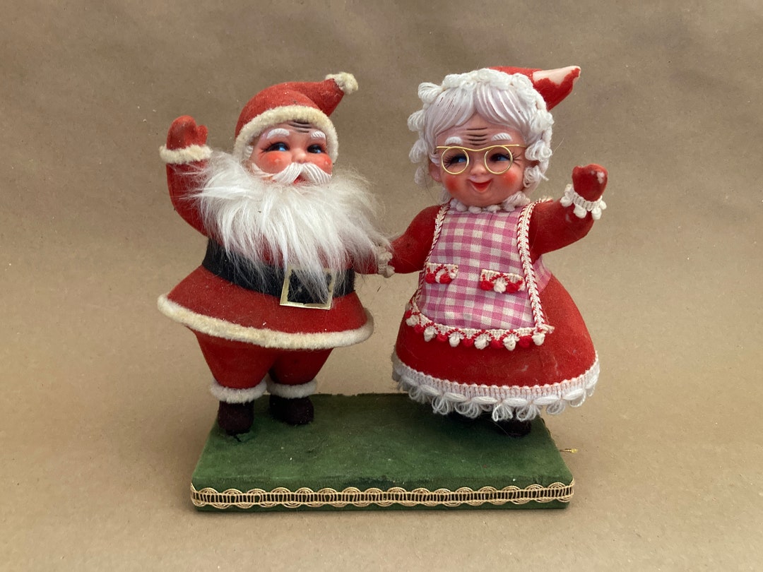 1960s Flocked Santa and Mrs. Claus Figurines on Base, Made in Hong Kong ...