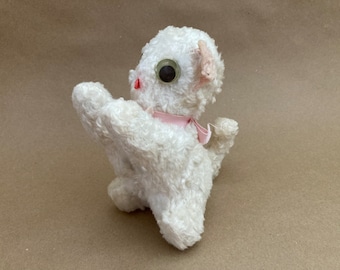 Mid-century white kitty cat plush with green googly eyes and pink ribbon