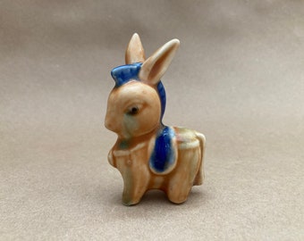 Vintage kitschy ceramic burro figurine, yellow and blue donkey souvenir