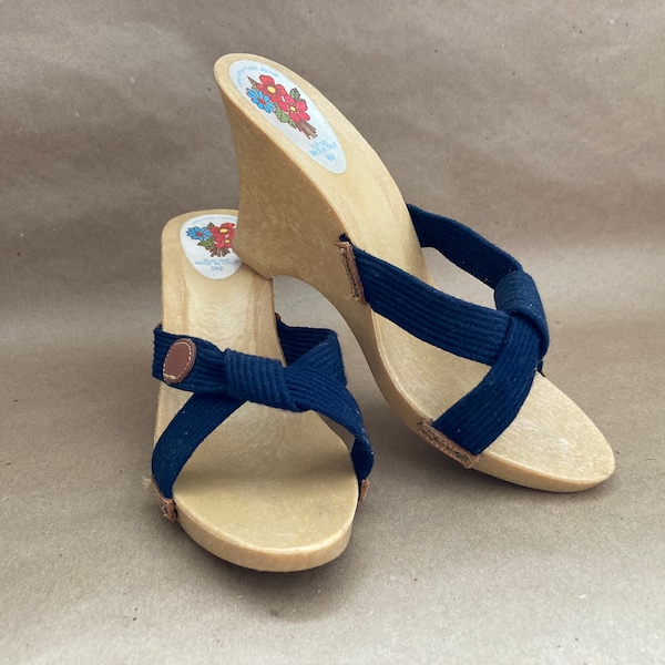 70s navy and beige plastic wedge heels made in Italy, size 9, 3.5" heel