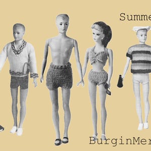 May include: A set of five dolls wearing summer clothing. The dolls are wearing a variety of outfits, including a striped shirt and shorts, a swimsuit, a sweater and shorts, and a sailor outfit. The dolls are all standing on a light brown background. The text "Summer Set" is printed at the top of the image. The text "BurginMercantile" is printed at the bottom of the image.