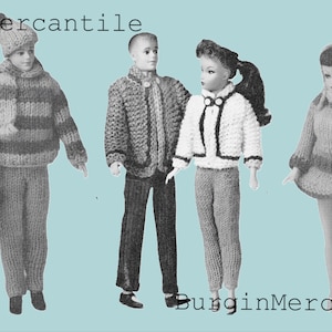 May include: A knitting pattern for a ski set for dolls. The pattern includes instructions for a striped sweater, pants, and a hat for a boy doll, a jacket, pants, and a hat for a girl doll, and a sweater and skirt for a girl doll. The pattern is from Burgin Mercantile.